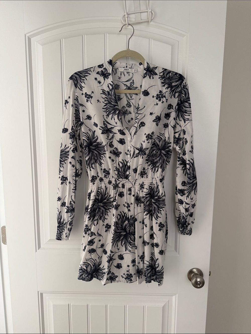 Obey Black Floral Long-Sleeve V-Neck Dress on Cream